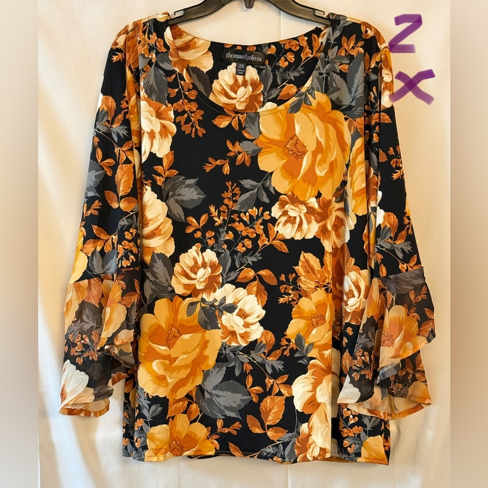 Thomas & Olivia Black Floral Ruffle-Sleeve Blouse in Mustard Floral